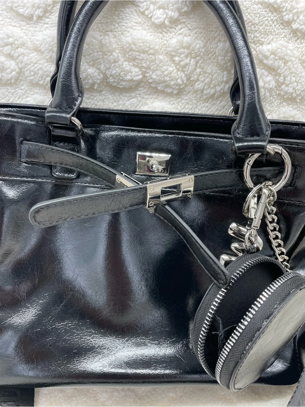 Steve Madden/ Madden NYC Black Patent Satchel with Branded Strap and Coin Pouch